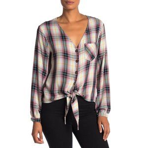 4our Dreamers Plaid Button Down Tie Front Top
